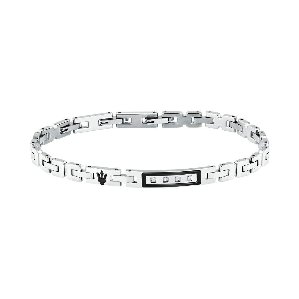 Brățară bărbătească Maserati Diamonds din oțel inoxidabil, argintiu și negru, cu 4 diamante, lungime reglabilă, fabricată în Italia
