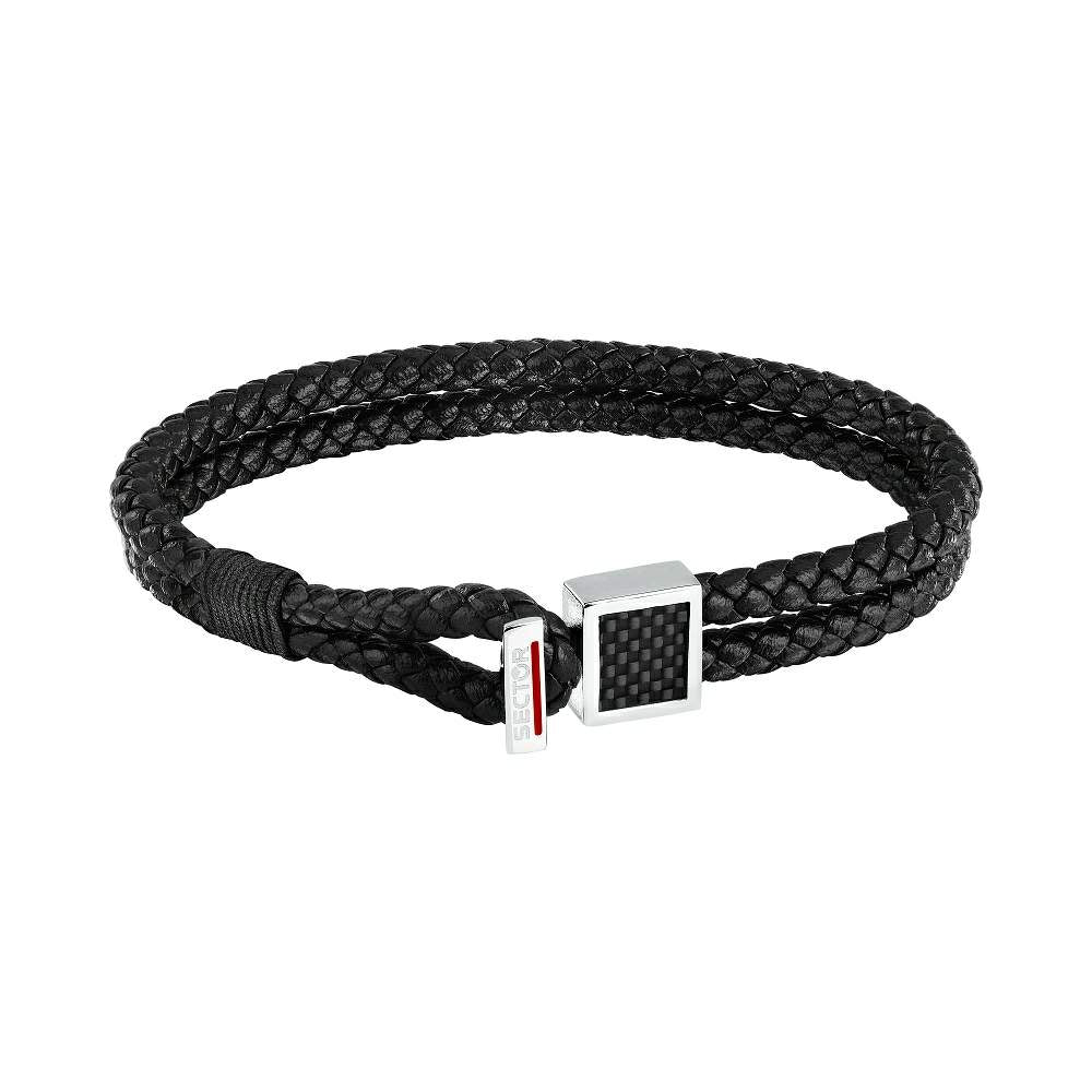 bratara barbateasca din piele negra impletita si otel inoxidabil marca sector