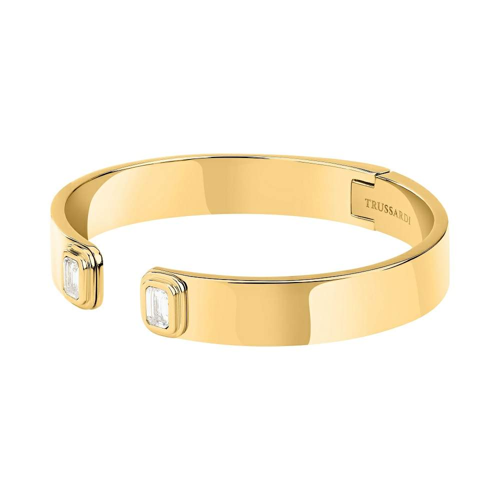 Bratara rigida din otel rodiat auriu Trussardi cu deschidere frontala si doua diamante cz dreptunghiulare. vedere laterala