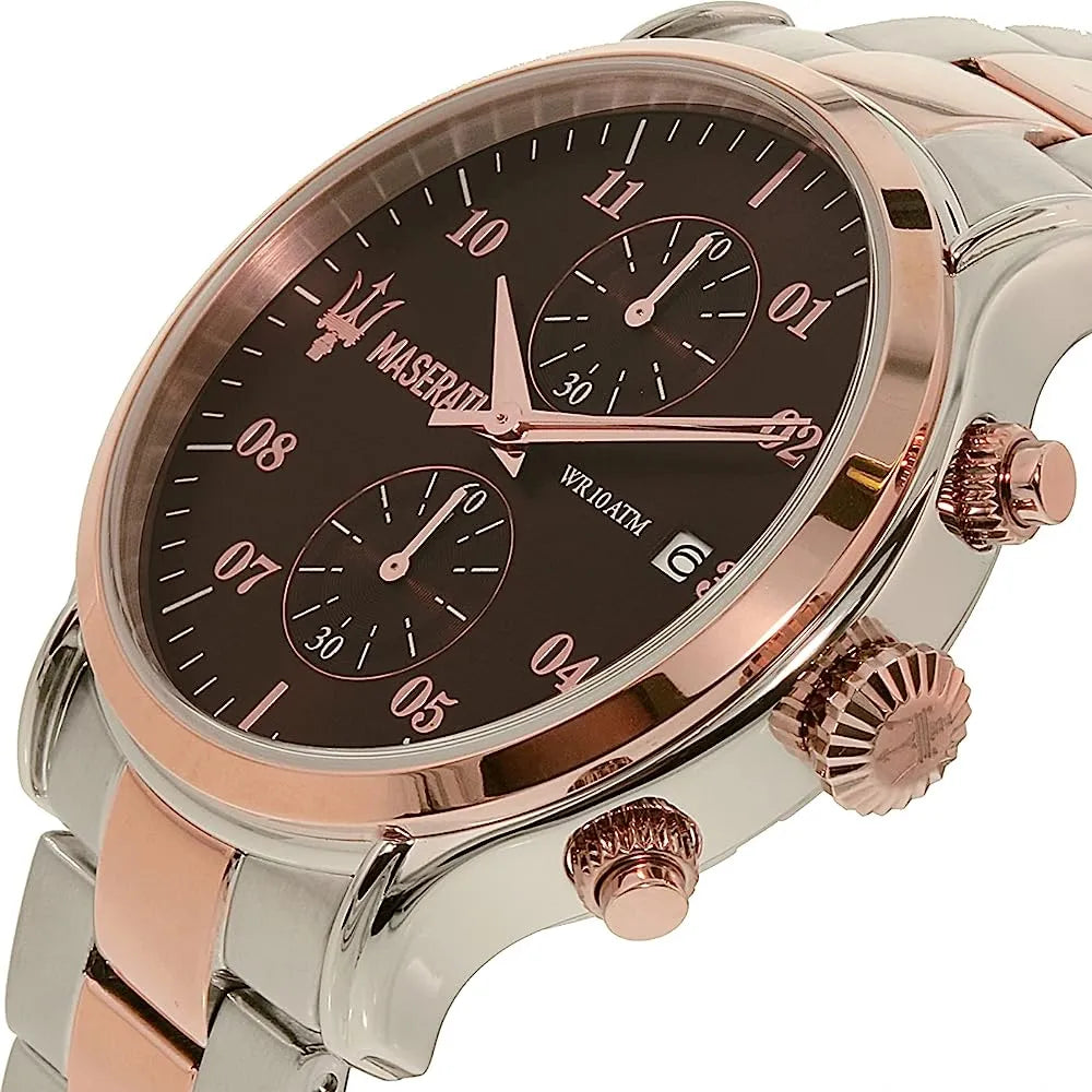 Ceas barbatesc Maserati colectia Epoca curea metalica argintie si rose gold si cadran maro Ceas Lasardo Gioielli