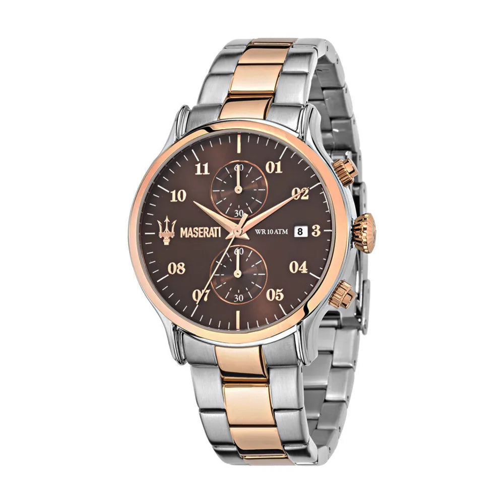 Ceas barbatesc Maserati colectia Epoca curea metalica argintie si rose gold si cadran maro Ceas Lasardo Gioielli