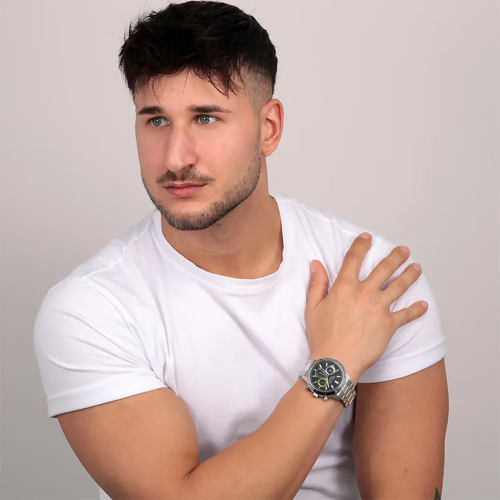 Ceas Barbatesc Sector 270 Dual Time Curea Metalica Argintie Cadran Negru si Elemente Galbene Ceas Lasardo Gioielli