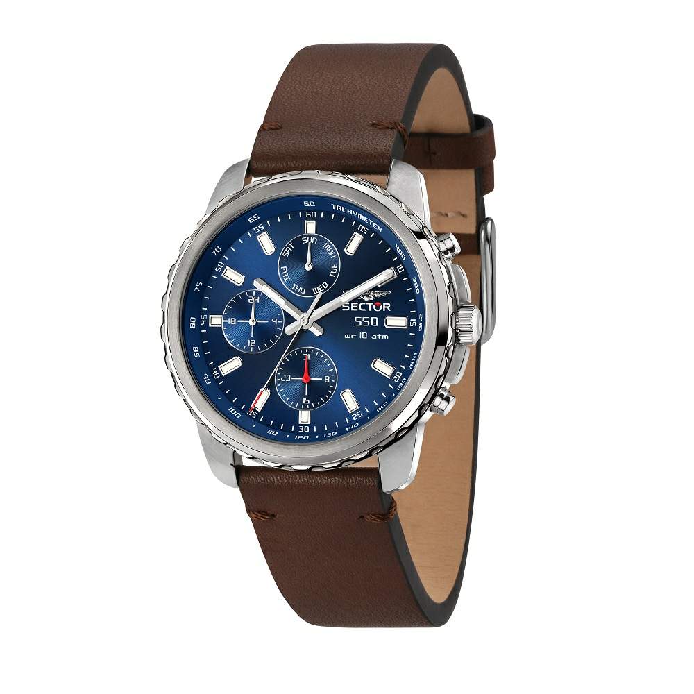 Ceas Barbatesc Sector 550 Multifunction Curea din Piele Maro si Cadran Albastru Ceas Lasardo Gioielli