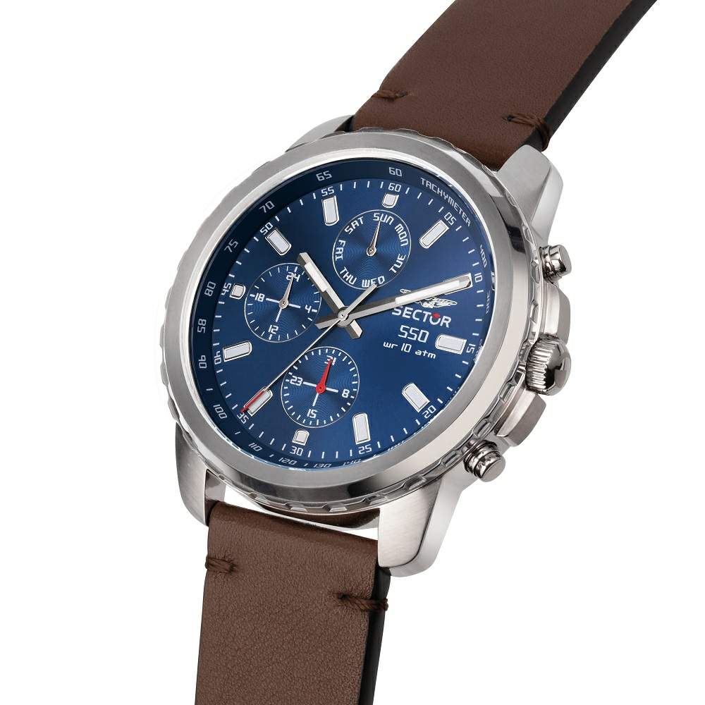 Ceas Barbatesc Sector 550 Multifunction Curea din Piele Maro si Cadran Albastru Ceas Lasardo Gioielli
