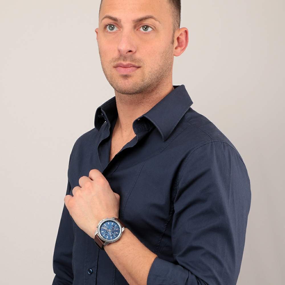 Ceas Barbatesc Sector 550 Multifunction Curea din Piele Maro si Cadran Albastru Ceas Lasardo Gioielli