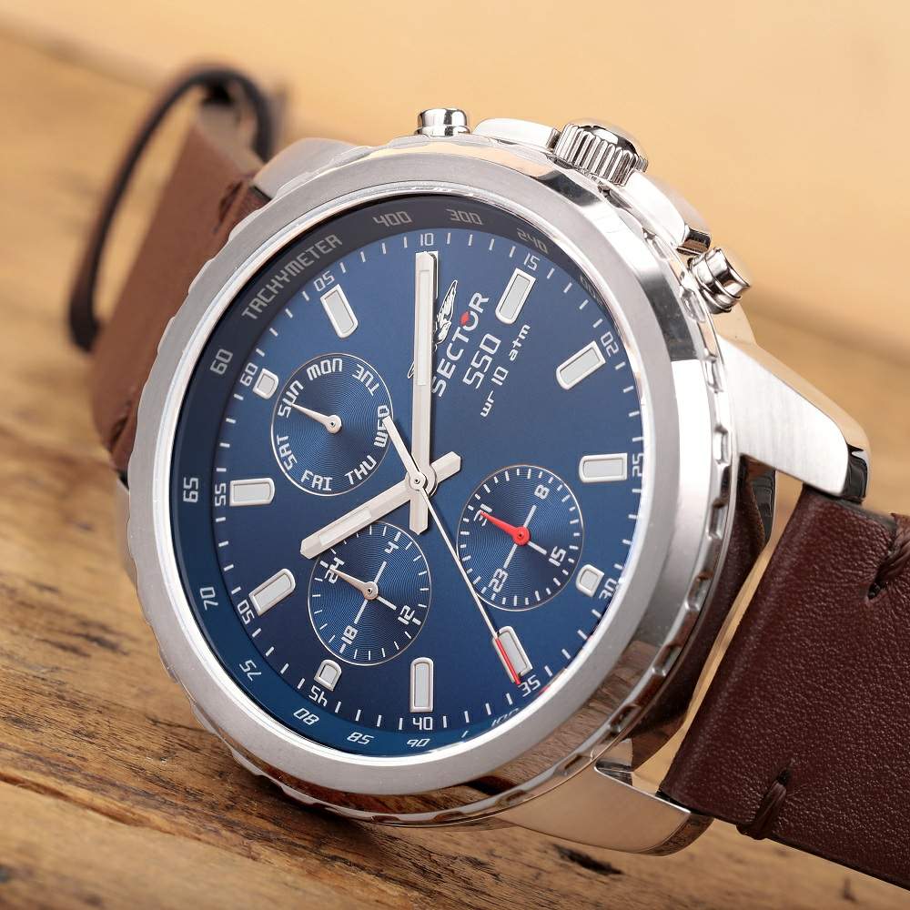Ceas Barbatesc Sector 550 Multifunction Curea din Piele Maro si Cadran Albastru Ceas Lasardo Gioielli