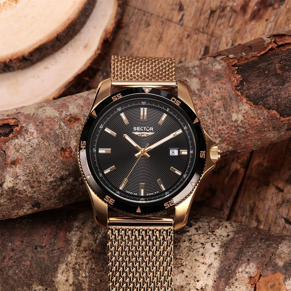 Ceas Barbatesc Sector 650 Curea Aurie Mesh si Cadran Negru Ceas Lasardo Gioielli