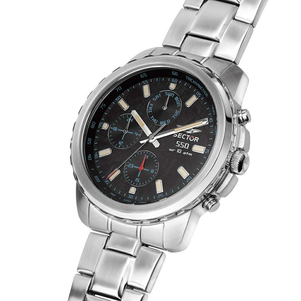 Ceas Barbati Sector 550 Multifunction Bratara Metalica si Cadran Negru Lasardo Gioielli