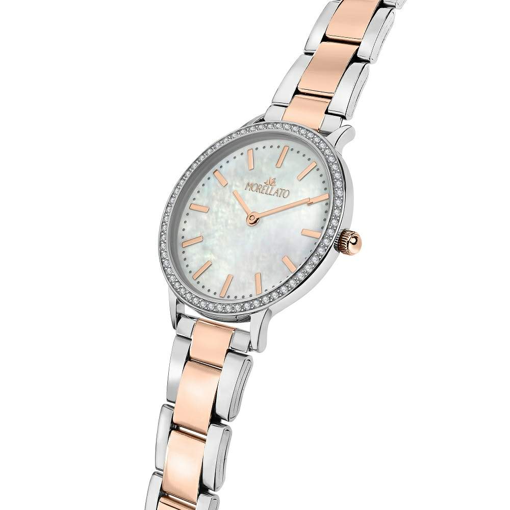 Detaliu cadran ceas Morellato, sidef argintiu cu indicatori rose gold si geam din cristal mineral