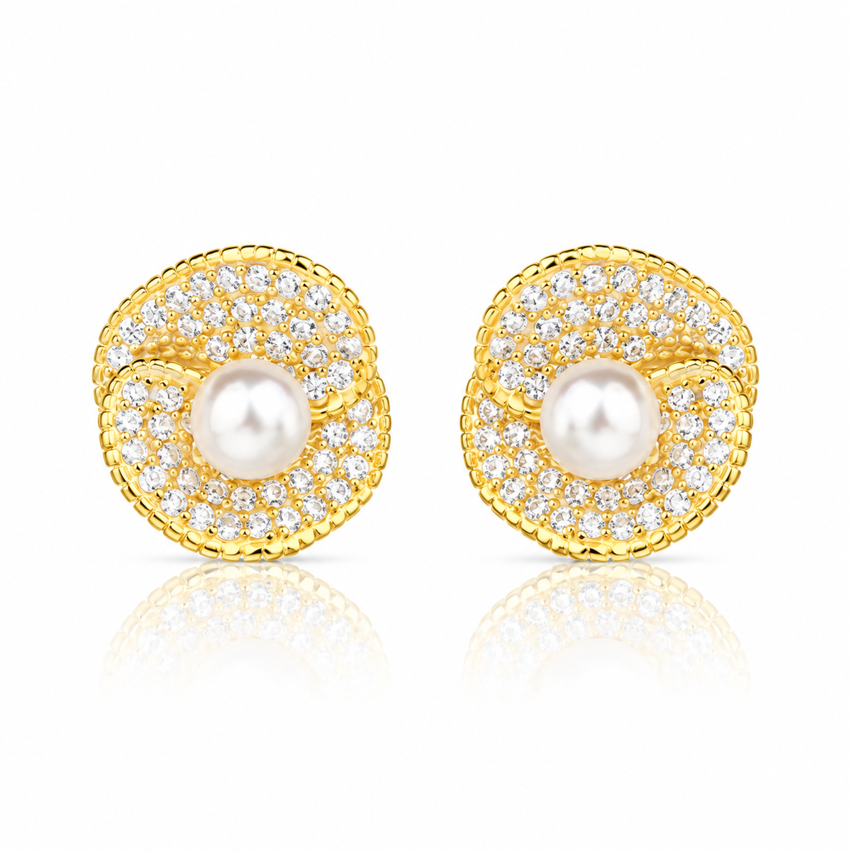 Cercei dama din argint 925 rodiat auriu cu perle de cultura si diamante CZ albe claritate AAAAA montate micropave vedere frontala