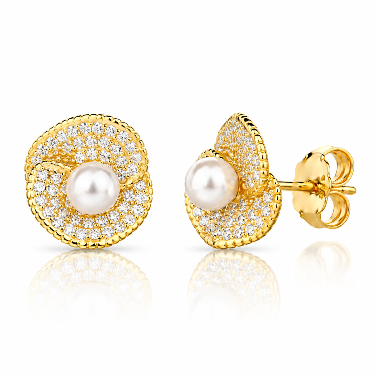 Cercei dama din argint 925 rodiat auriu cu perle de cultura si diamante CZ albe claritate AAAAA montate micropave