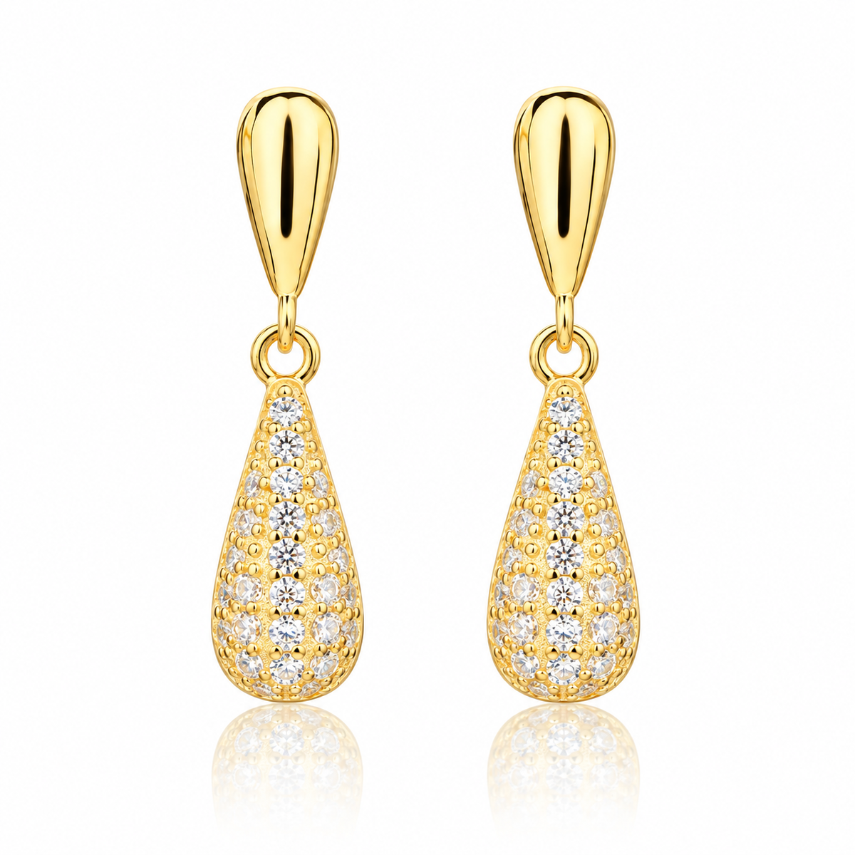 Cercei dama din argint 925 rodiat auriu cu diamante CZ albe claritate AAAAA montate micropave vedere frontala