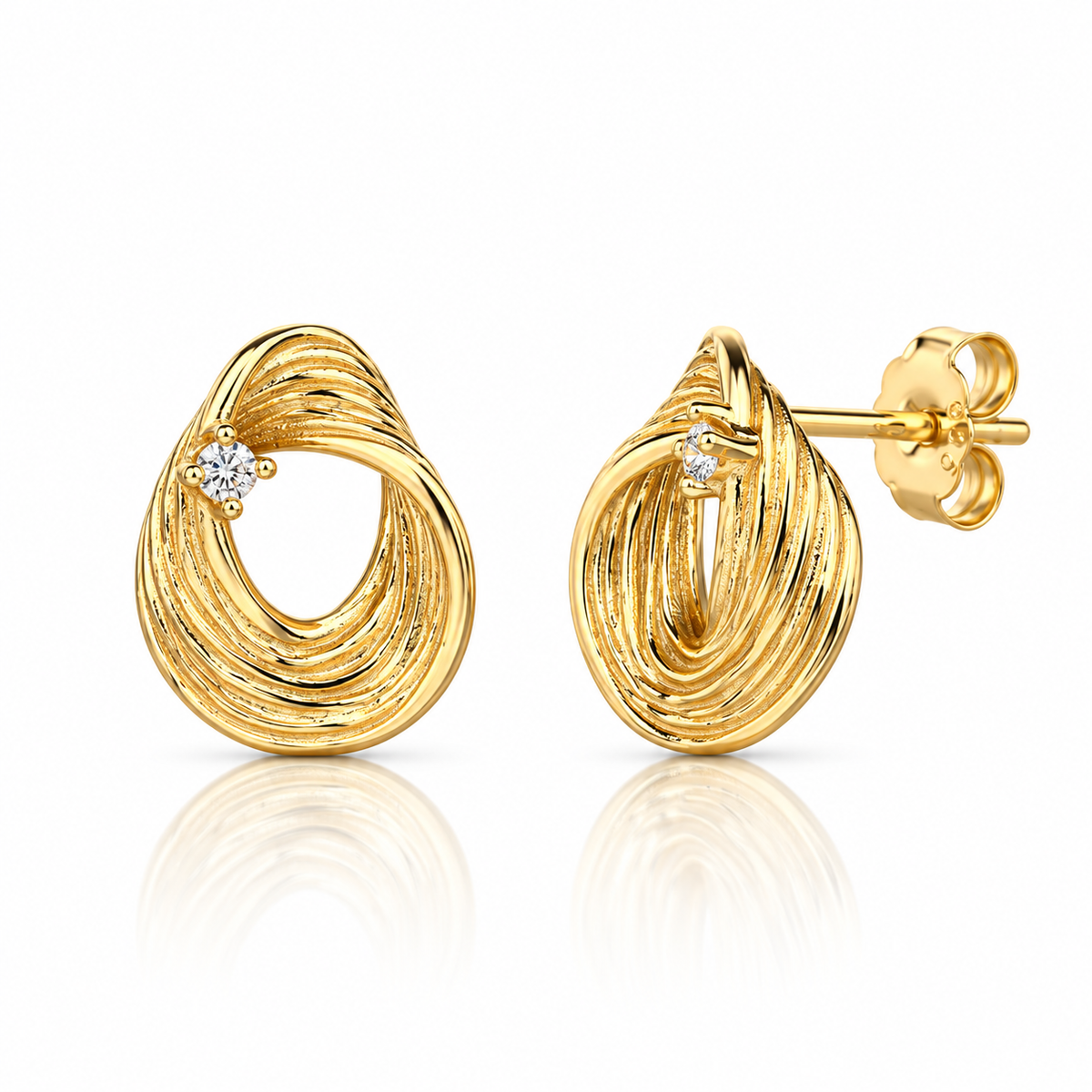 Cercei dama din argint 925 rodiat auriu cu diamante CZ albe claritate AAAAA, design oval sculptural