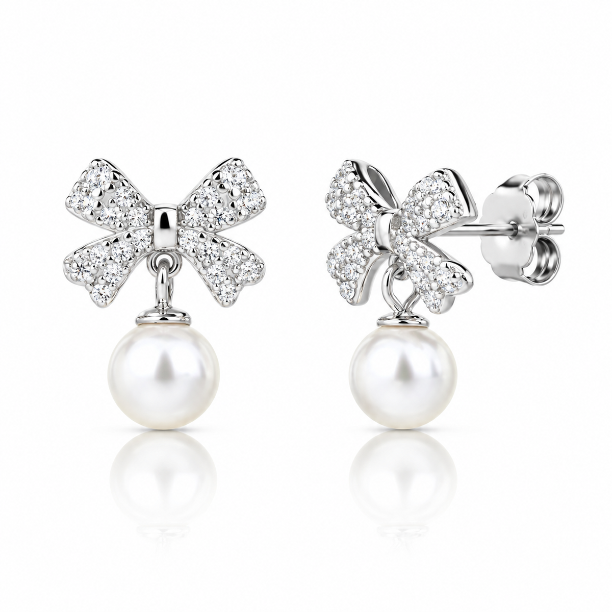 Cercei dama din argint 925 rodiat fundita cu perla alba 6 mm si Diamante CZ claritate AAAAA