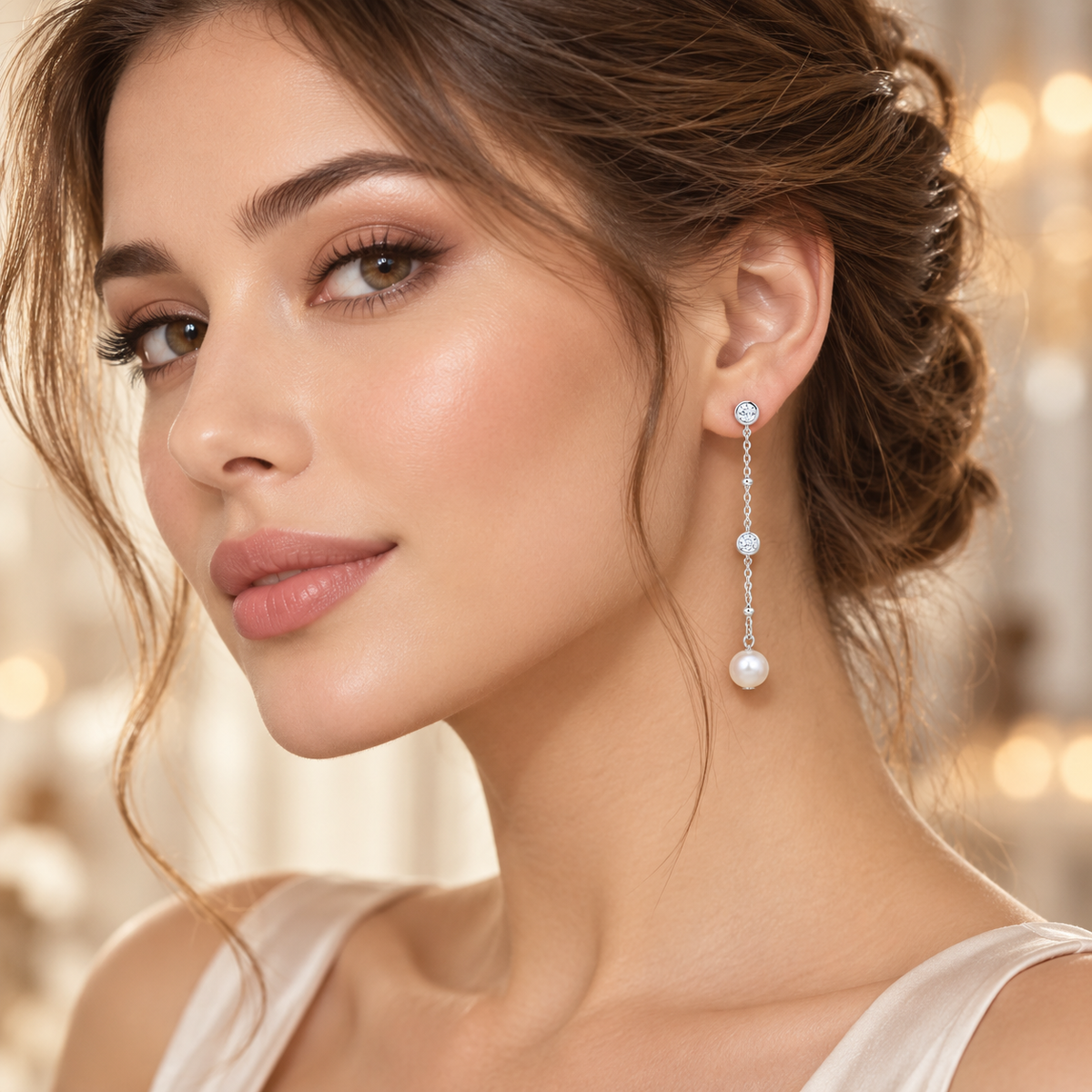 cercei lungi din argint 925 cu perla de cultura si diamante CZ albe claritate AAAAA la urechea unui model feminin elegant
