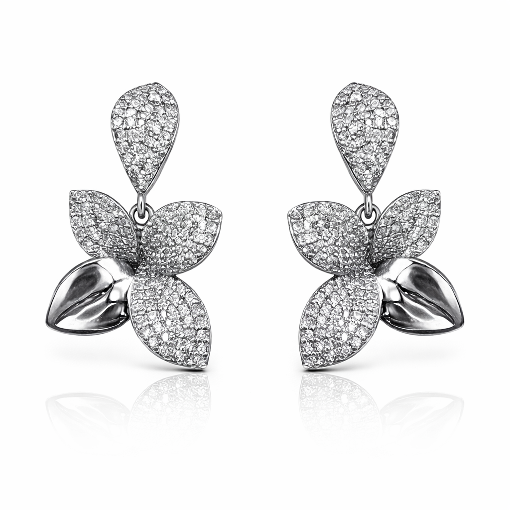 cercei din argint 925 rodiat in forma de floare cu petale diamante cz montate micropave