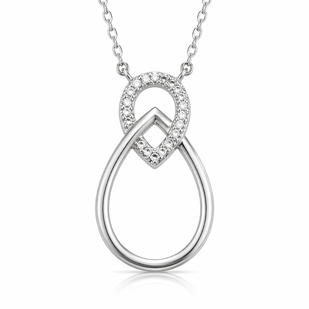 Colier elegant din argint 925 rodiat cu pandantiv sculptural format din doua bucle intrepatunse si diamante CZ stralucitoare, colectia Lasardo Gioielli