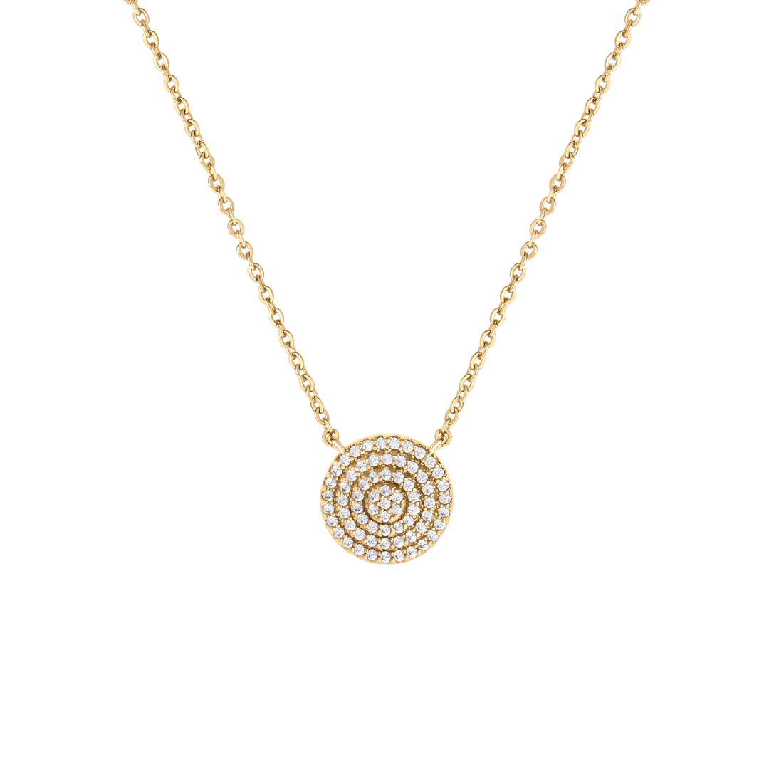 colier din argint 925 rodiat auriu cu pandantiv rotund disc incrustat in diamante CZ