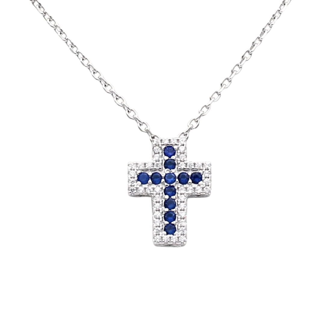 colier din argint 925 rodiat cu pandantiv cruce cu safire lab grown si diamante cz