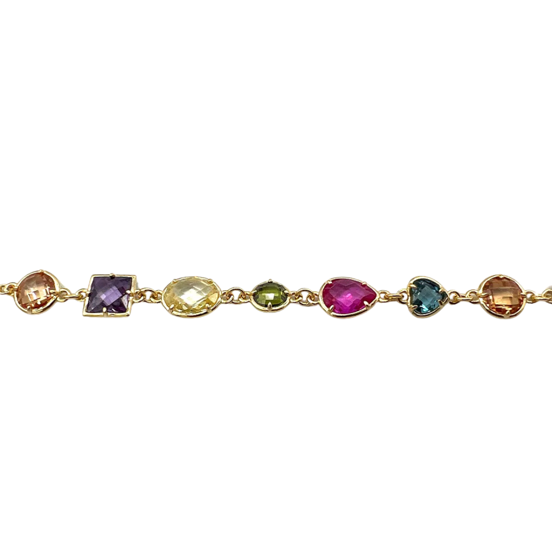 detaliu colier din argint auriu cu pietre in forme diferite ametist, peridot, spinel si topaz