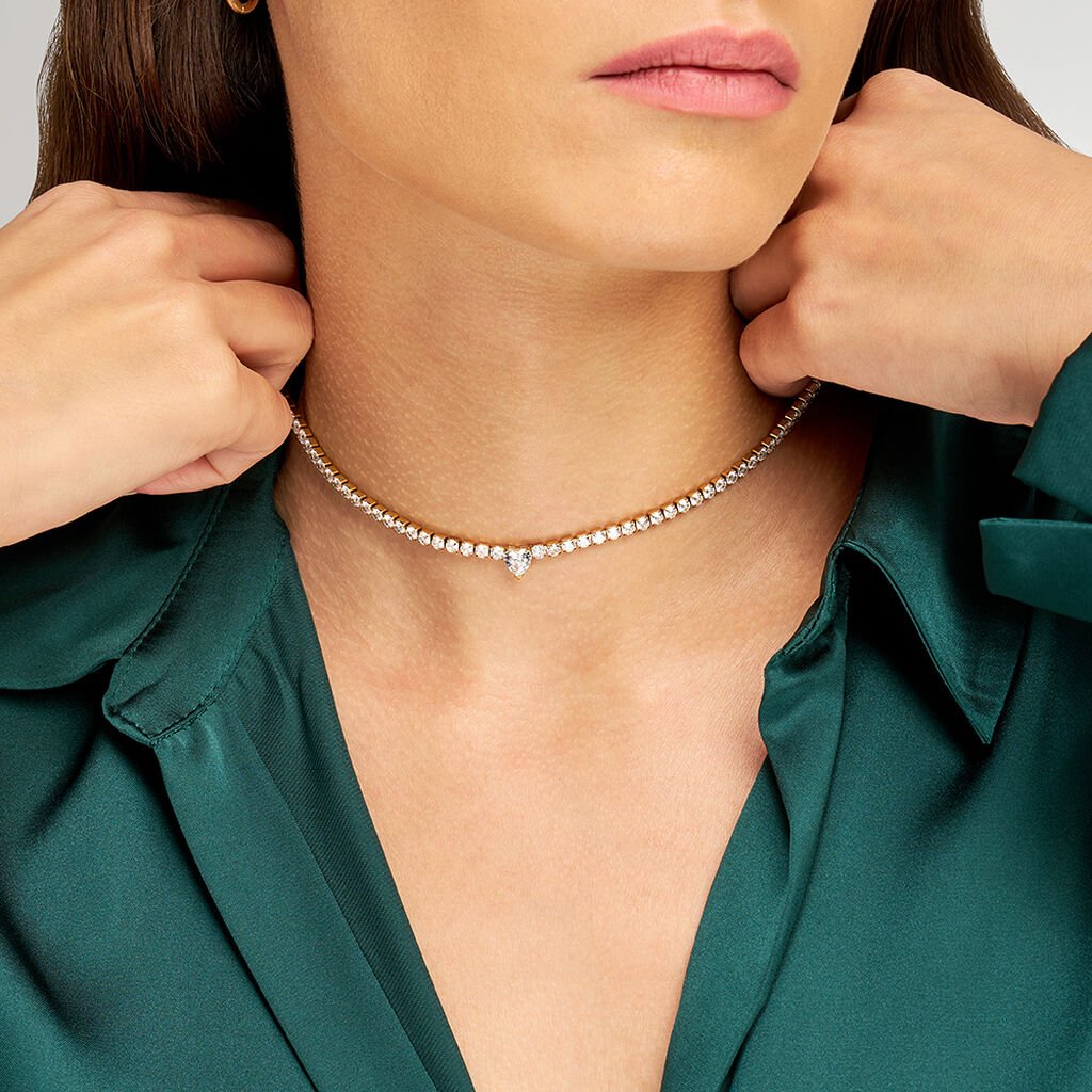 colier tennis din argint 925 rodiat auriu cu inima diamant cz alb