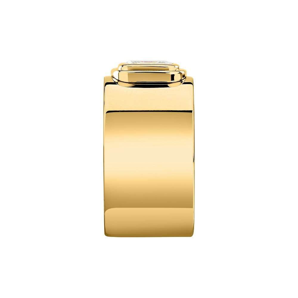 Inel lat pentru dama Trussardi realizat din otel rodiat auriu cu un diamant cz transparent dreptunghiular montat central vedere laterala