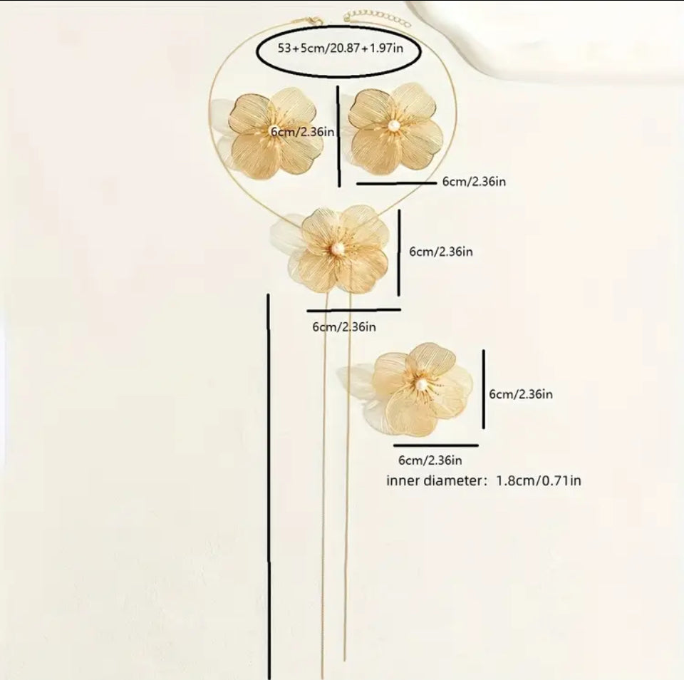 set cercei colier inel floare aurie cu perla