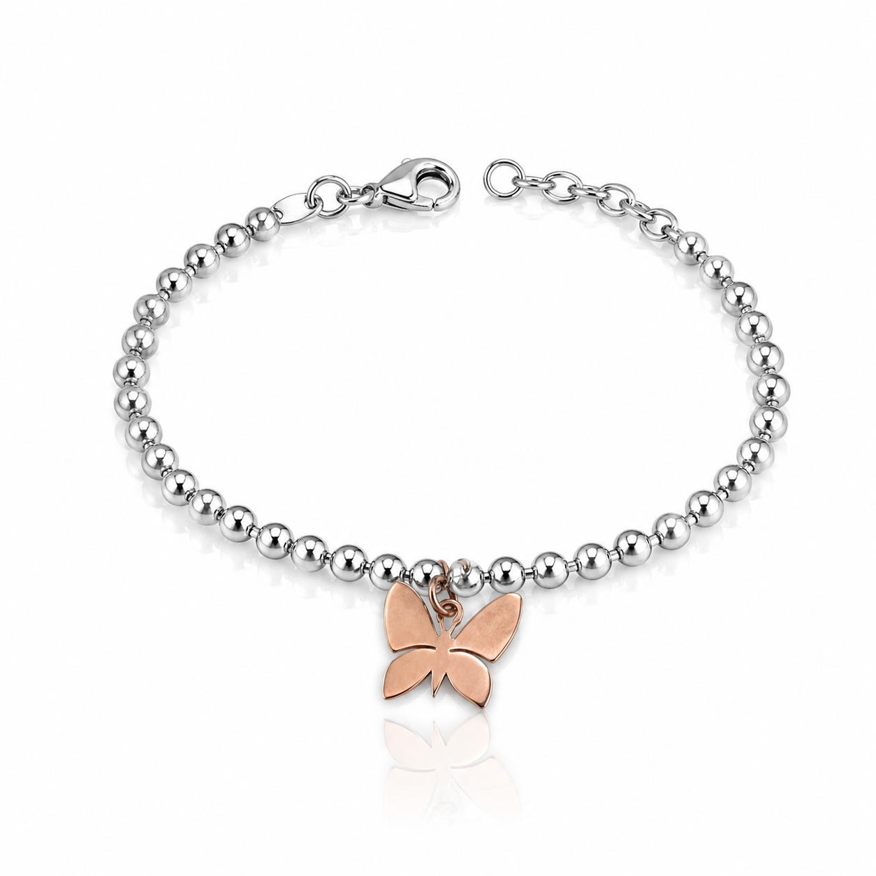 Bratara din argint 925 formata dintr-un sir de bile lucioase si un pandantiv central fluture in nuanta rose gold