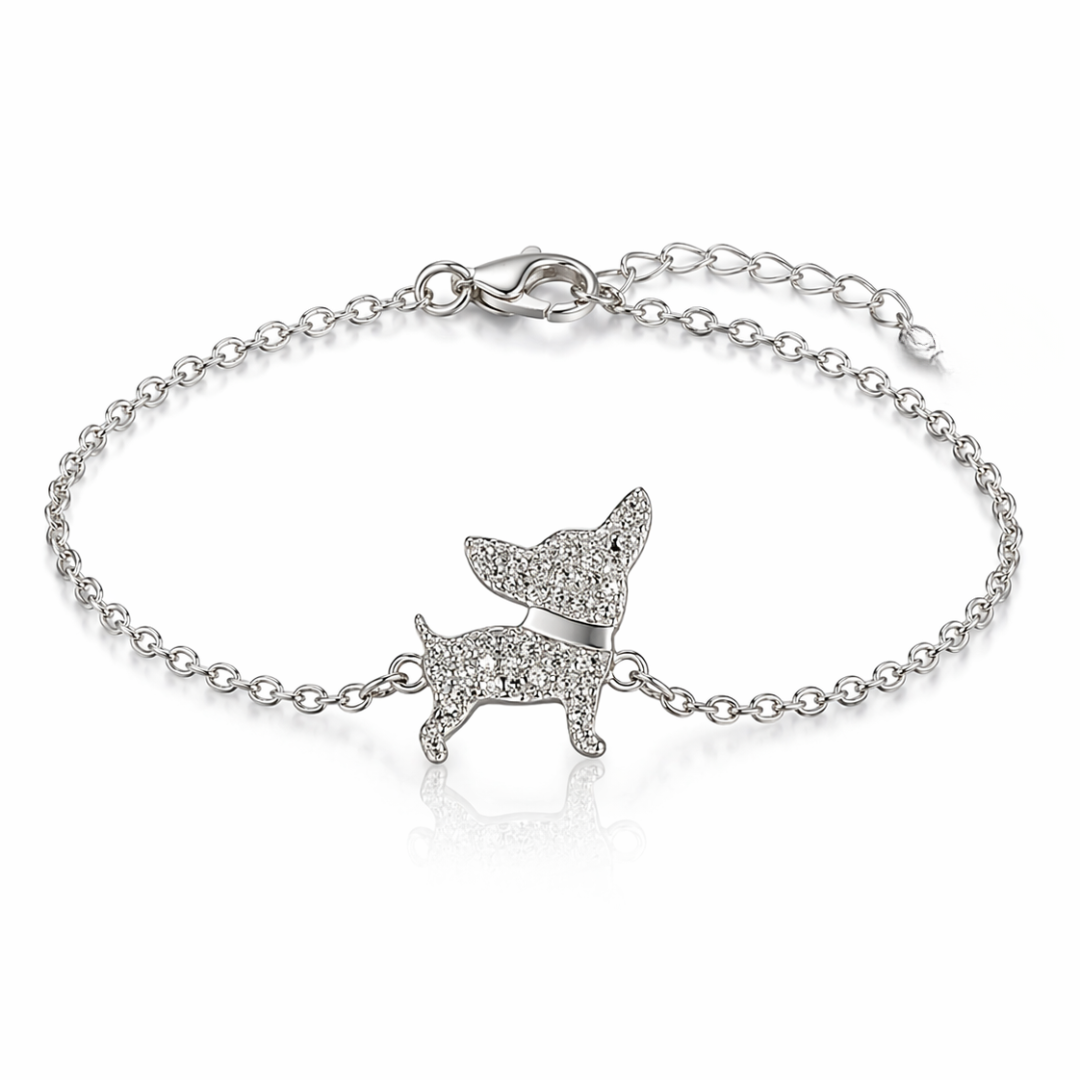 Bratara fina din argint 925 rodiat cu pandantiv in forma de catelus batut in diamante CZ micropave, colectia Lasardo Gioielli.