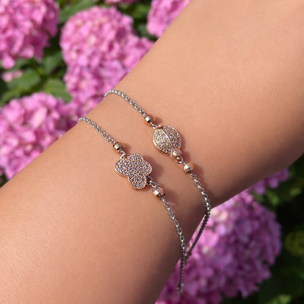 bratara argint 925 rodiat cu gargarita rose gold in diamante cz albe la mana