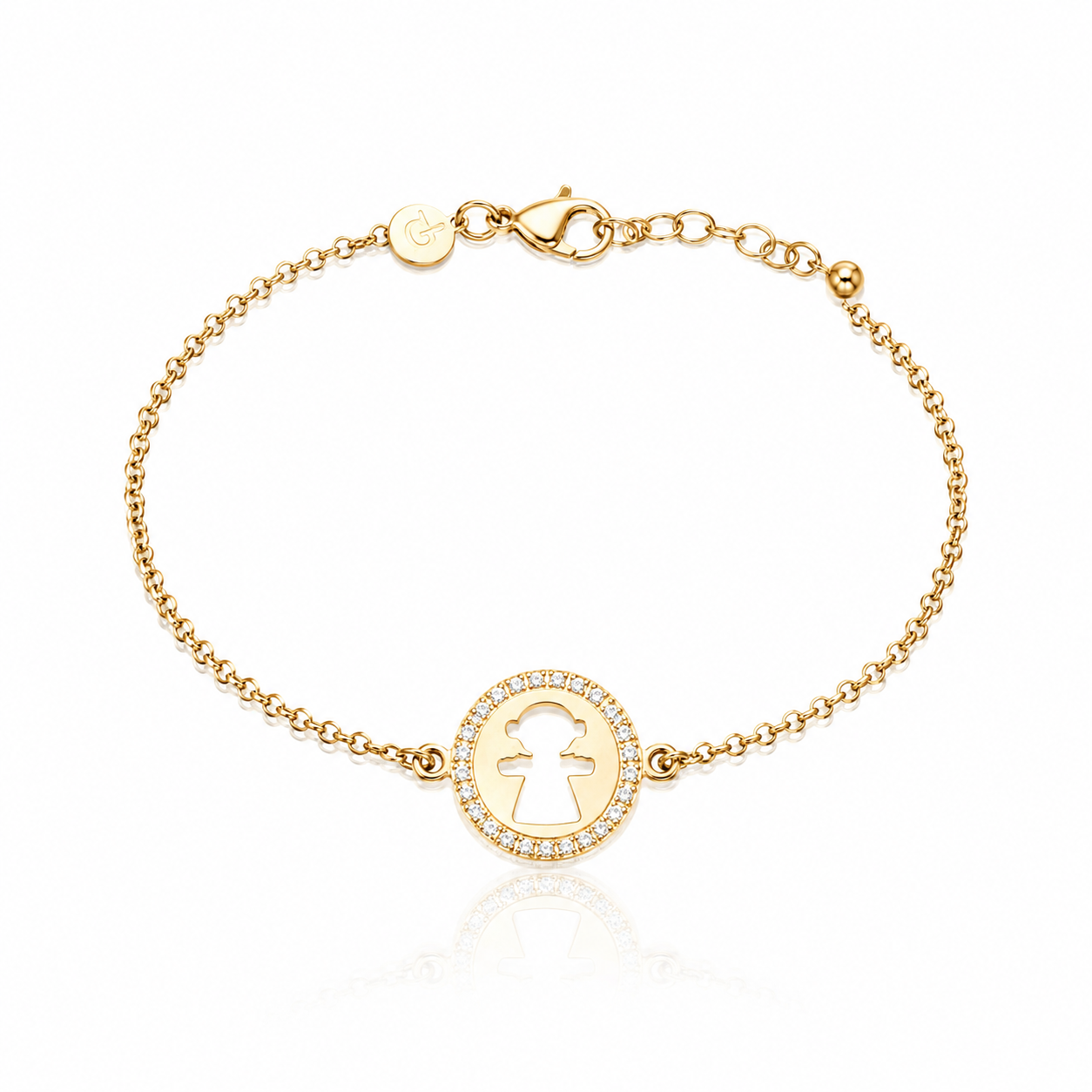 bratara din argint 925 rodiat rose gold cu anut fetita decupata si cerc de diamante cz albe