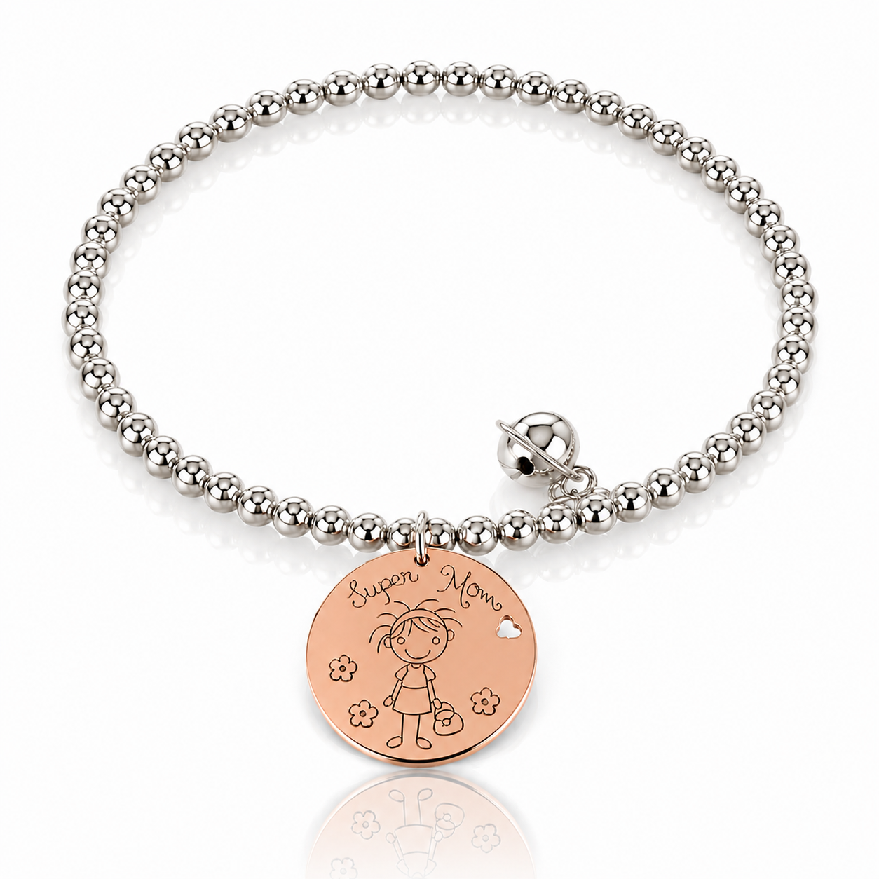 Bratara din zale sferice din argint 925 rodiat cu medalion banut rose gold gravat Super Mom si charm clopotel sferic argintiu pe elastic.