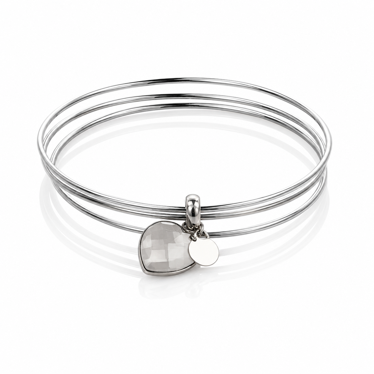 Set de trei bratari fixe din argint 925 rodiat cu pandantiv inima din cristal fatetat si element circular lucios.