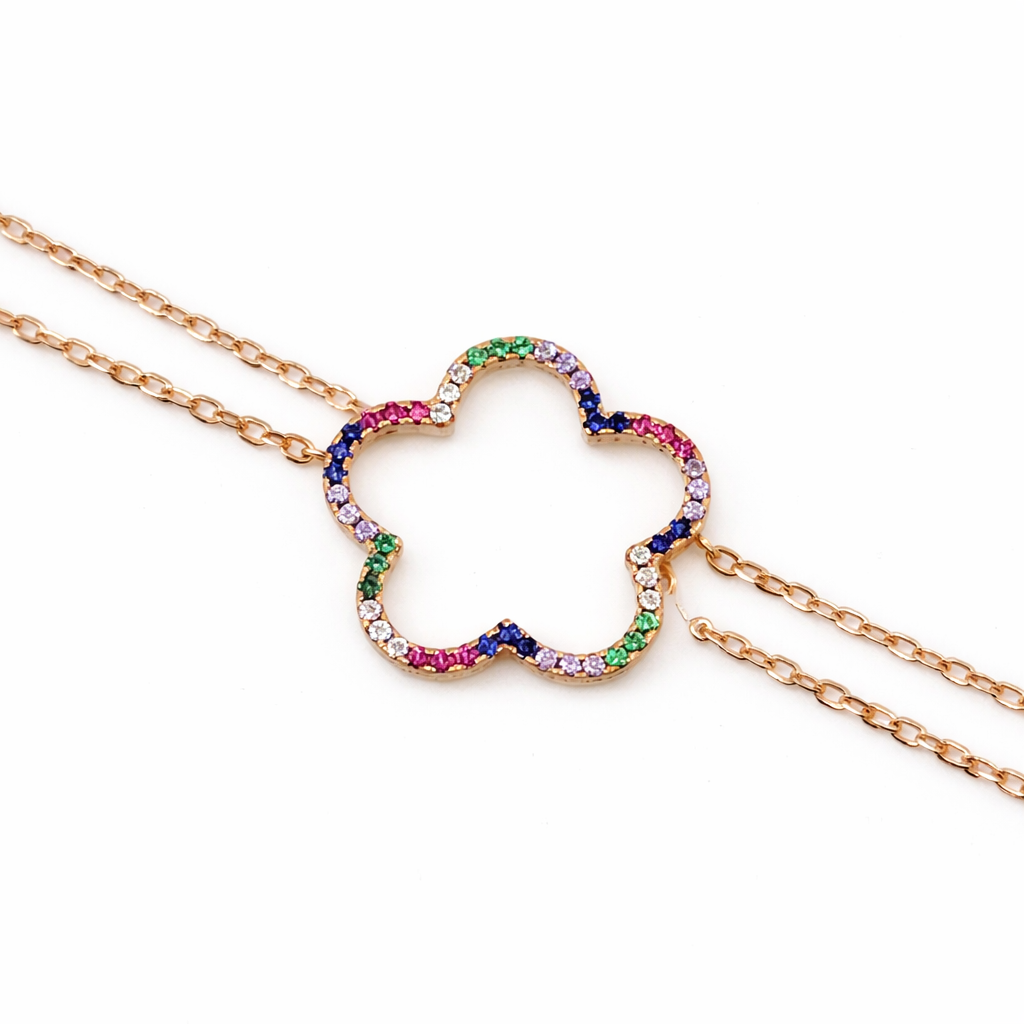 Bratara din argint 925 rose gold cu floare din diamante CZ multicolore claritate AAAAA 0,1 carate, vedere produs