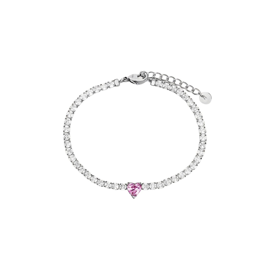 bratara tennis din argint 925 rodiat cu diamante cz albe si diamant cz inima roz