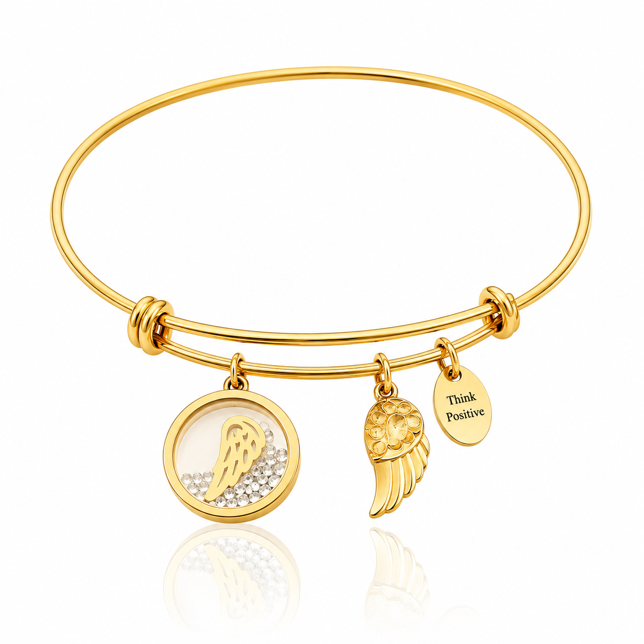 bratara rigida think positive din otel inoxidabil 316 L hipoalergenic auriu cu charmsuri aripa de inger si cristale swarovski