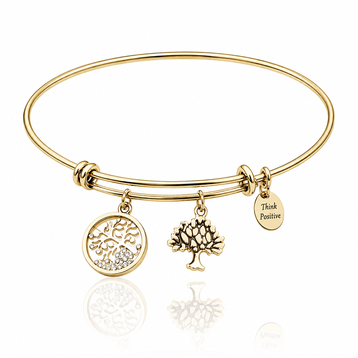 bratara rigida think positive din otel inoxidabil 316 L hipoalergenic auriu cu charmsuri pomul vietii si cristale swarovski