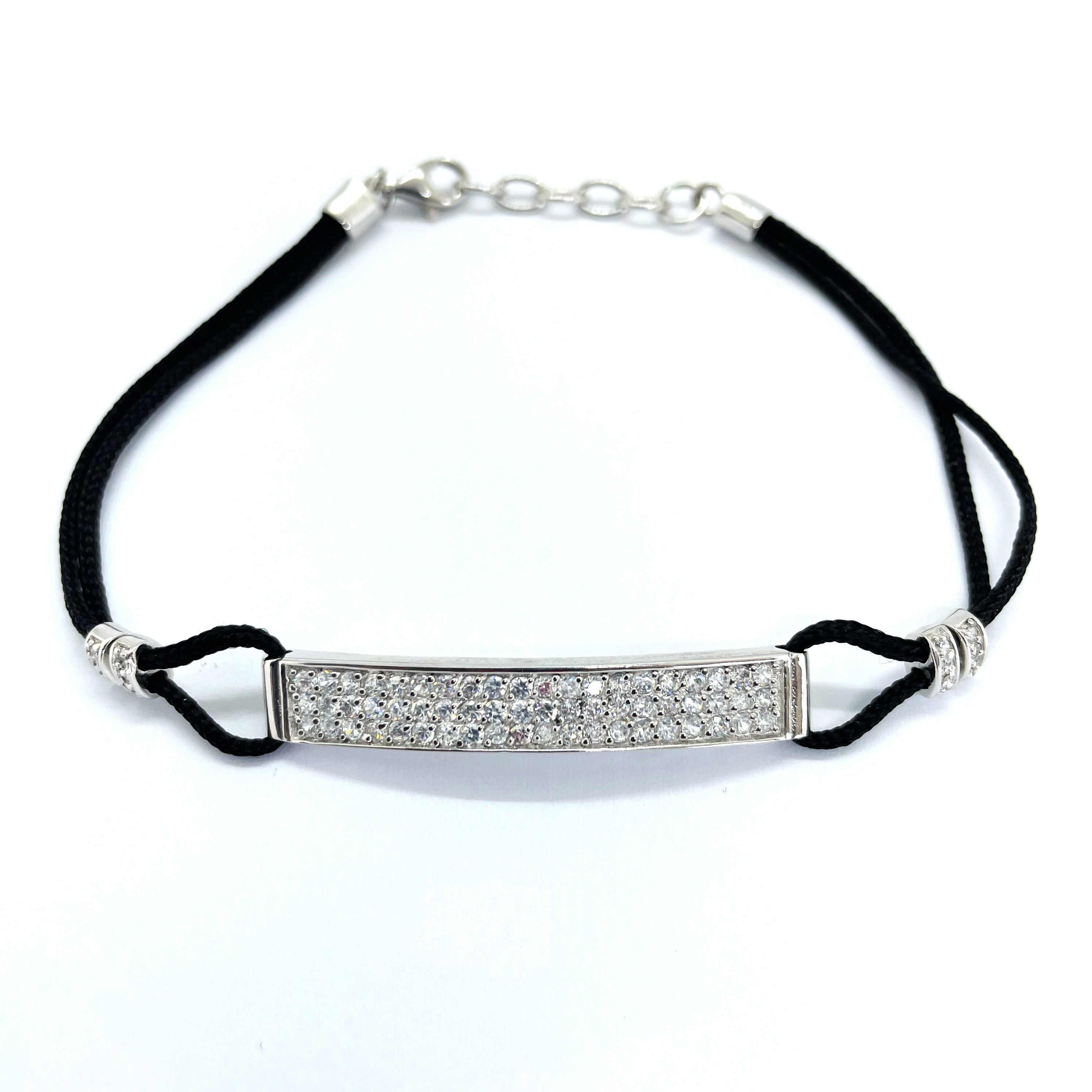 Bratara argint 925 rodiat cu diamante CZ albe micropave si snur negru Bratara Lasardo Gioielli