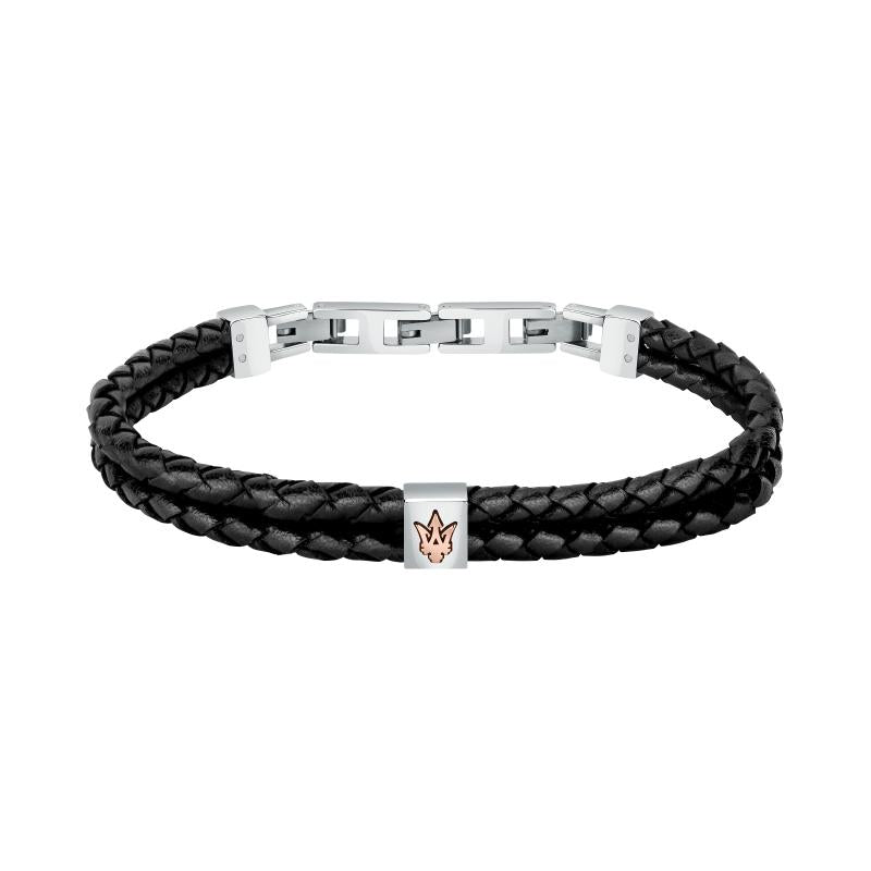 Bratara barbateasca Maserati din piele naturala neagra cu logo argintiu si rose gold Bratara Lasardo Gioielli