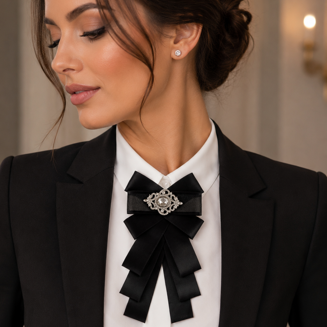 Model feminin purtand brosa eleganta tip funda din satin negru cu element central din cristale albe aplicata pe gulerul unei camasi