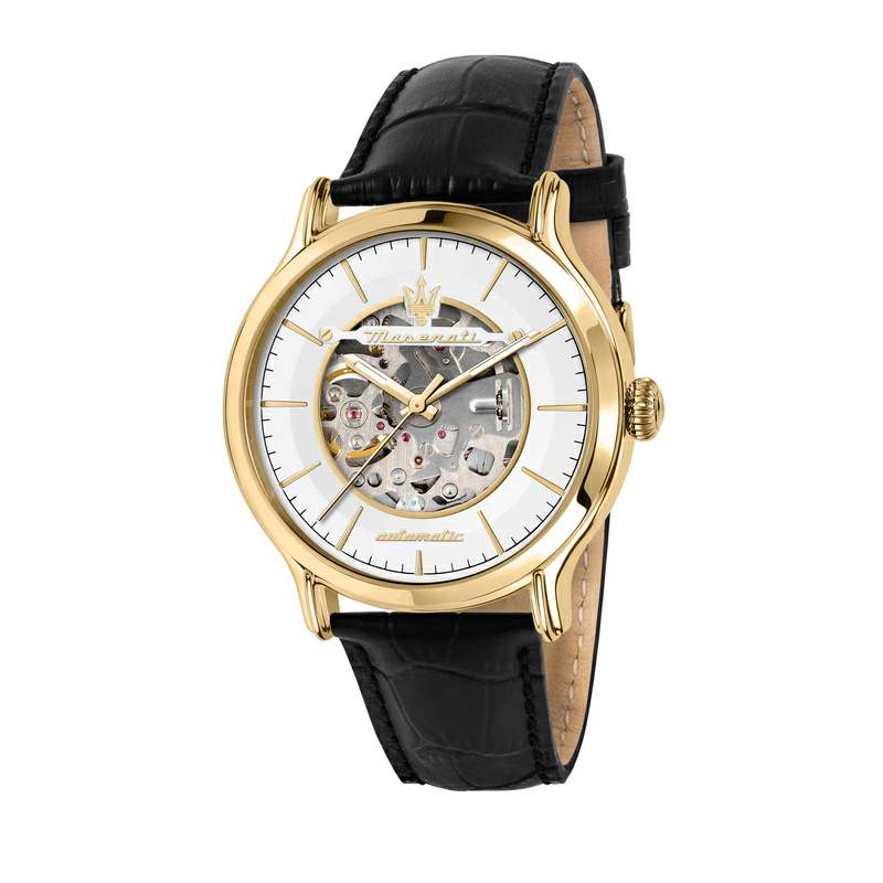 Ceas barbatesc Maserati automatic colectia Epoca curea piele neagra si cadran auriu Ceas Lasardo Gioielli