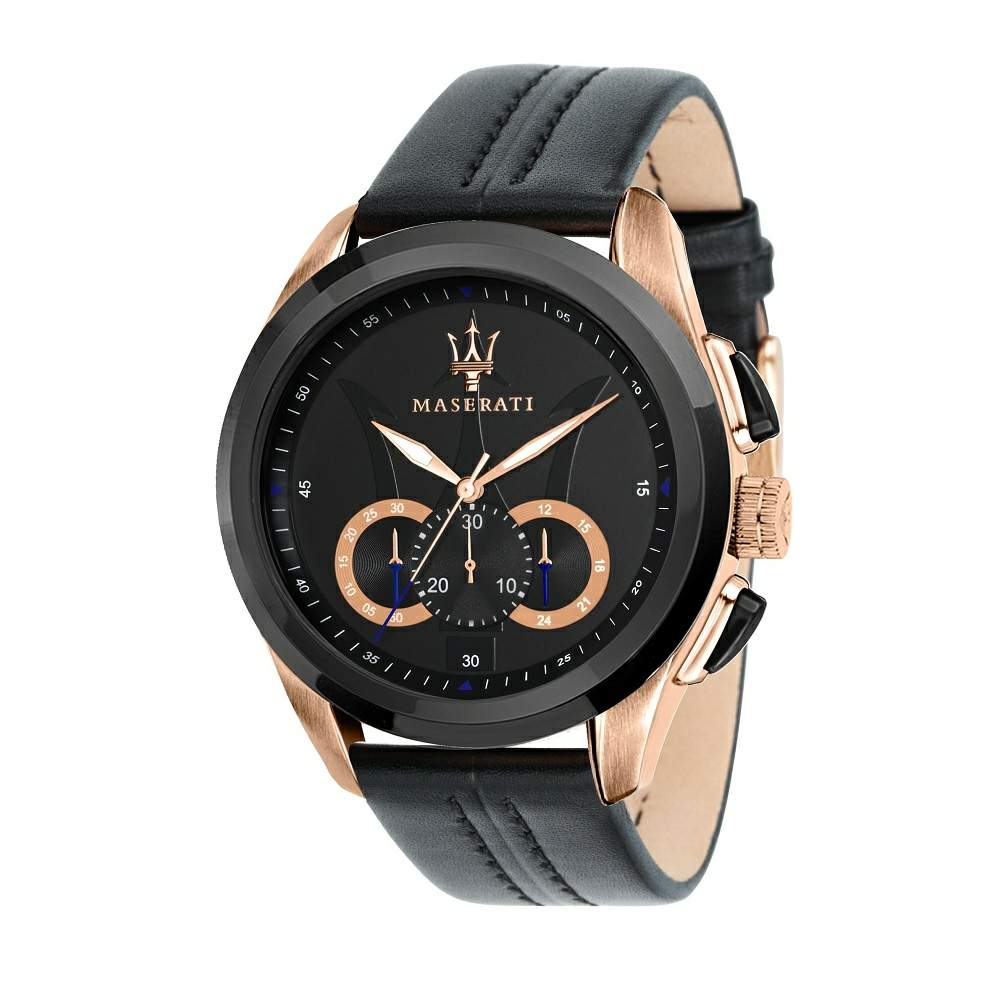 Ceas barbatesc Maserati colectia Traguardo curea piele neagra si elemente rose gold Ceas Lasardo Gioielli