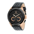 Ceas barbatesc Maserati colectia Traguardo curea piele neagra si elemente rose gold Ceas Lasardo Gioielli
