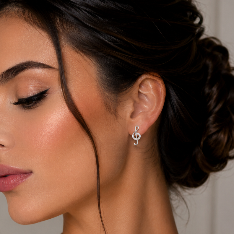 close up cu Model feminin purtand cerceii mici in forma de cheia sol din argint rodiat, evidentiind proportiile fine de 1 cm pe lobul urechii