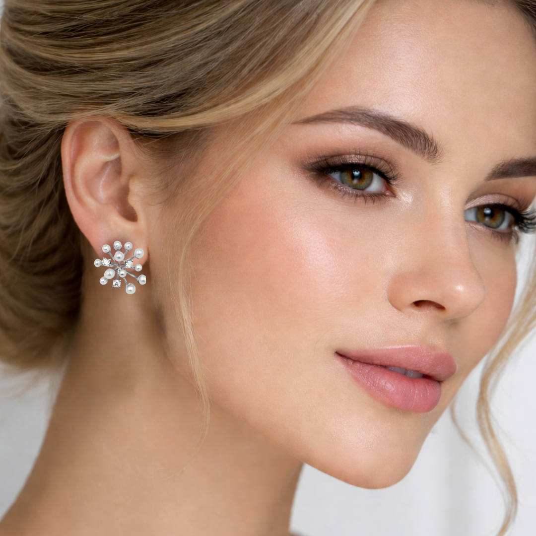 Model feminin purtand cercei de dama tip surub din argint cu finisaj rodiu argintiu, perle de cultura si diamante cz albe.