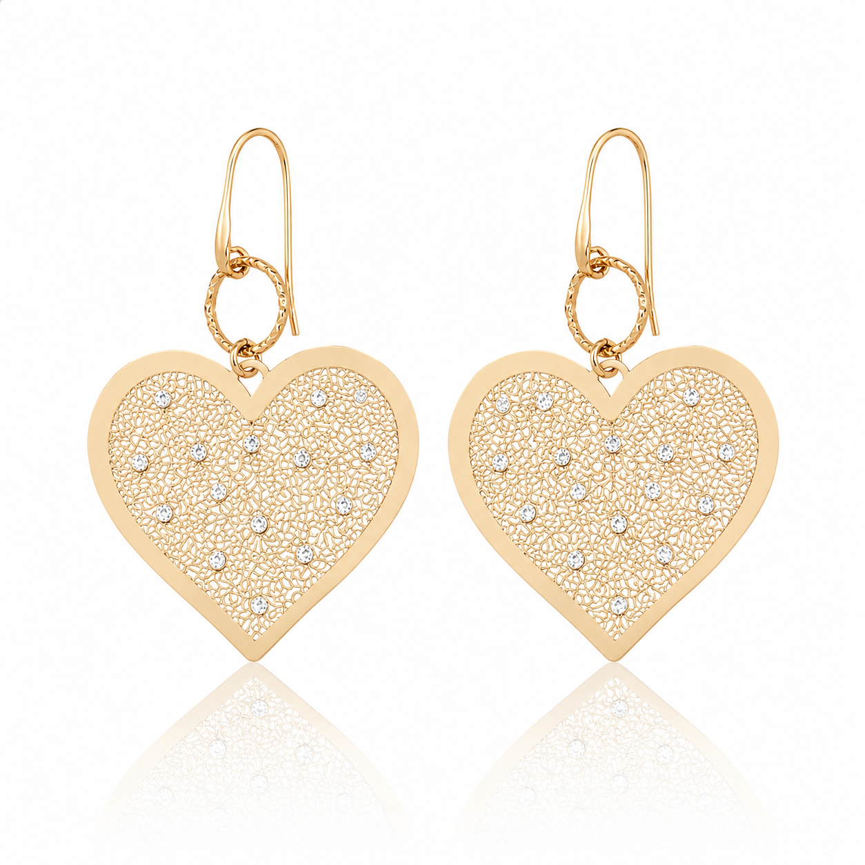 cercei din argint 925 rodiat rose gold cu inimi dantelate diamante cz albe
