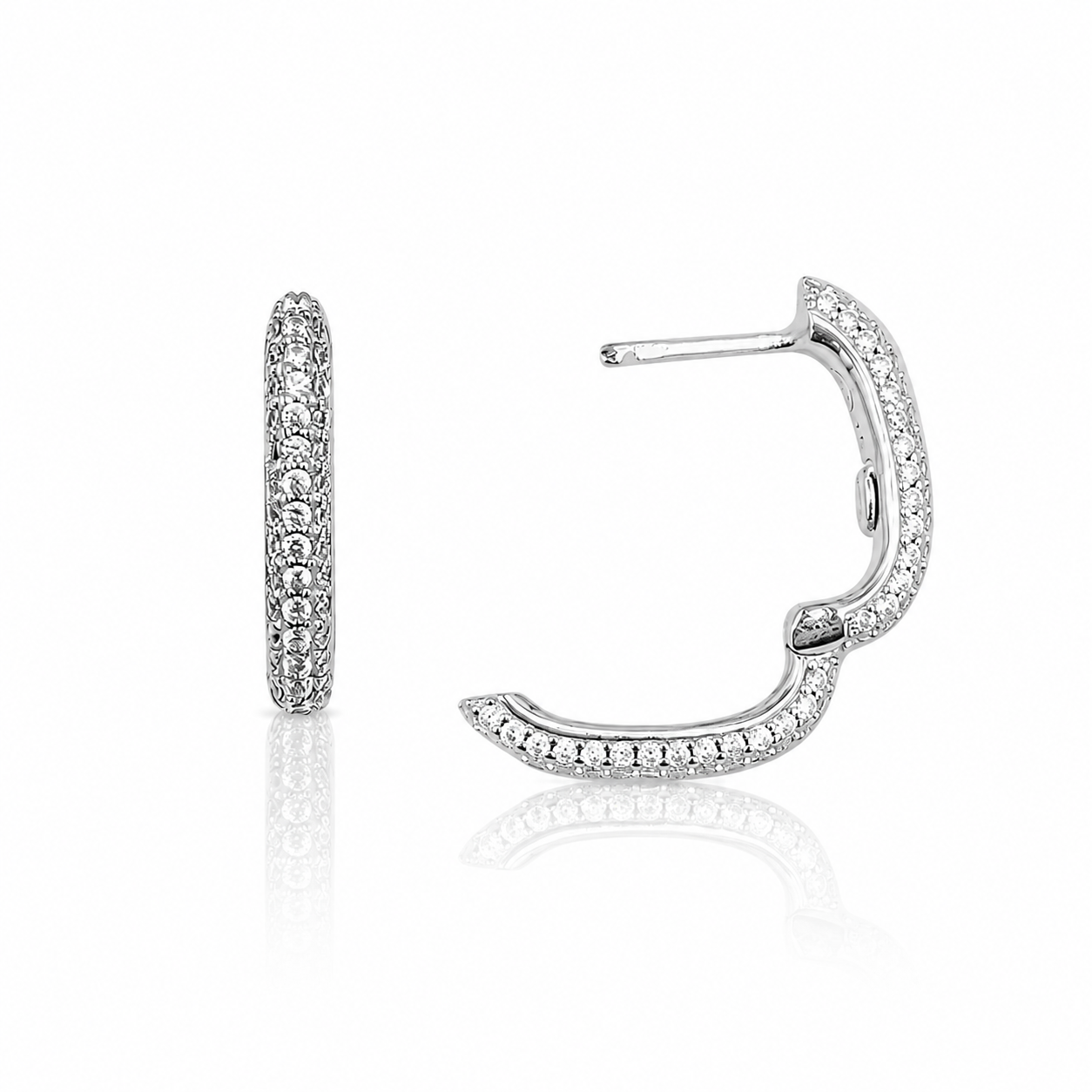 Cercei de dama tip tortita din argint 925 rodiat, decorati cu un pavaj dens din diamante cz albe cu stralucire de platina detaliu tortita deschisa