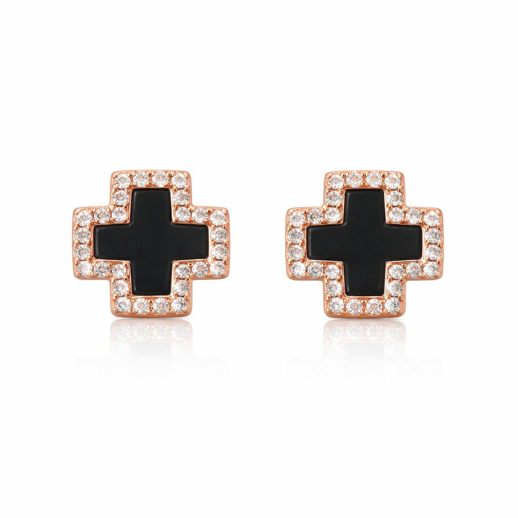 cercei din argint 925 rodiat rose gold in forma de cruce din inox, inconjurata de diamante cz