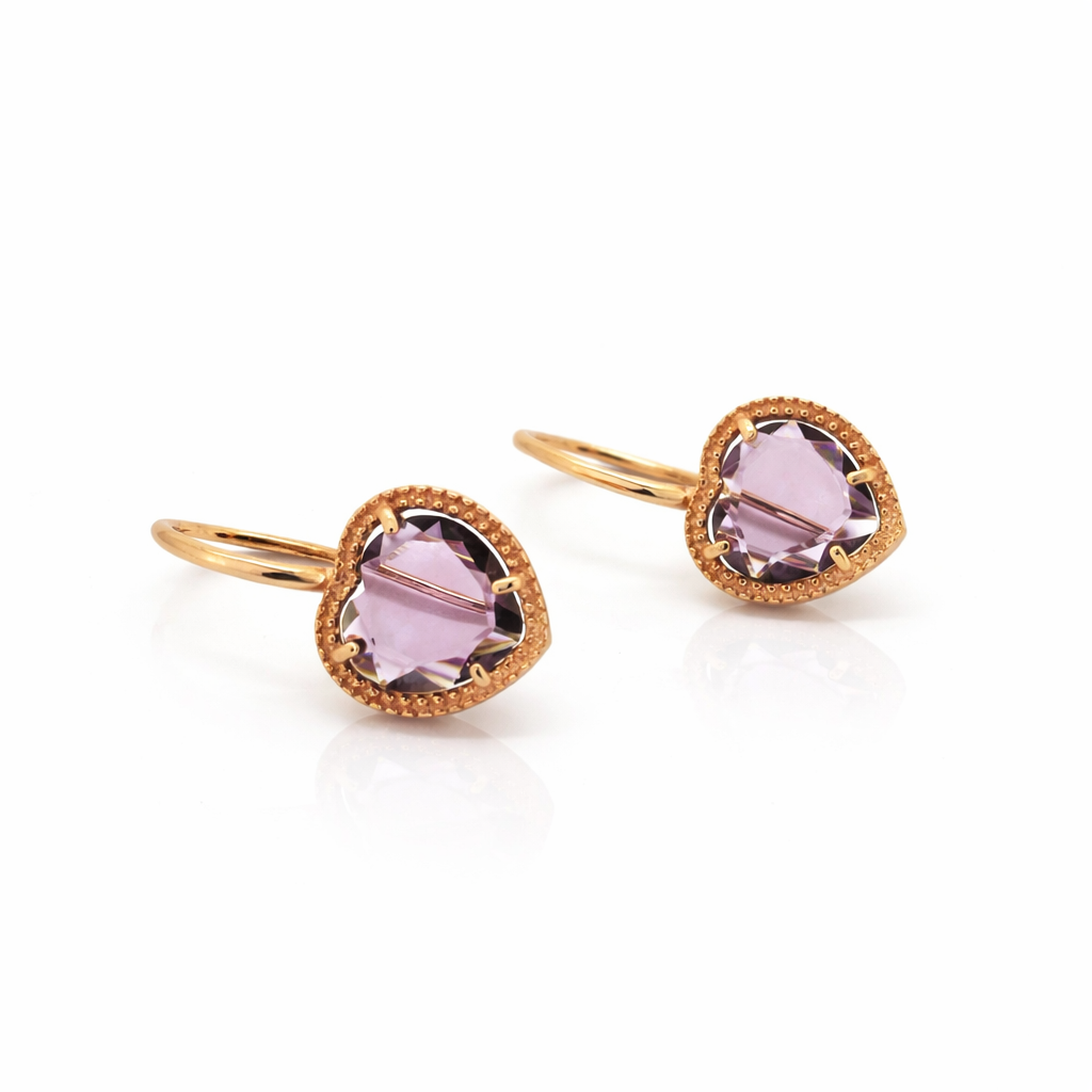 Cercei in forma de inima cu ametist mov, din argint 925 rose gold, model elegant Lasardo