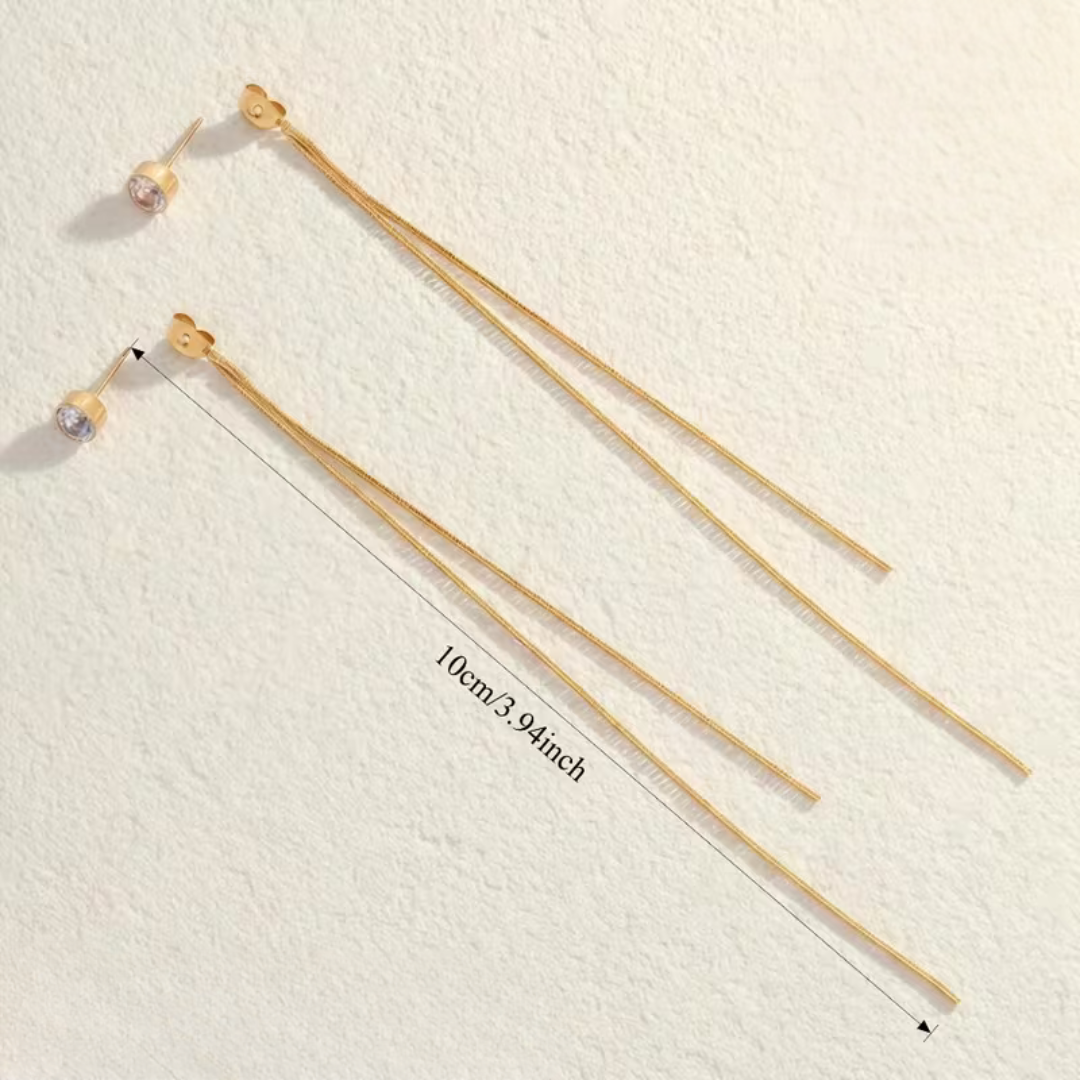 Cercei lungi Punto Luce cu diamant CZ alb si lantisor de 10 cm, realizati din otel inoxidabil 316L